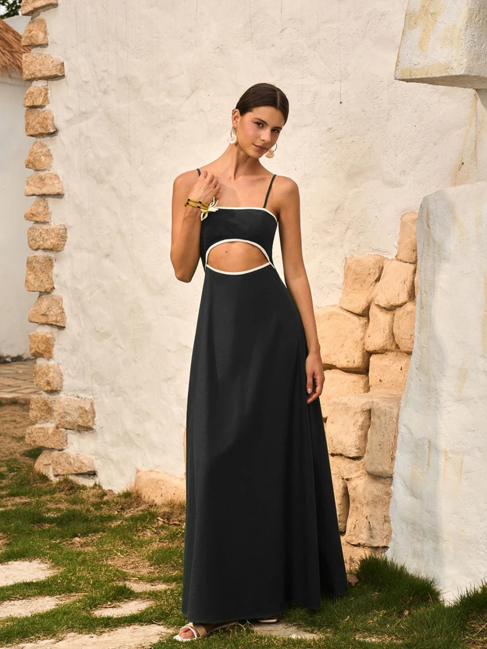 016. Commense SBlack Spaghetti-Strap Cutout Maxi Dress with White Trim